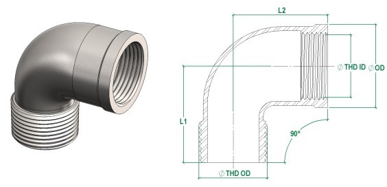 Kích thước cút 90 độ ren trong ren ngoài sus 304 sus 316